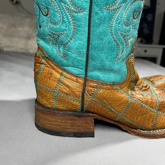 Vtg Circle G Boots Womens Sz 8.5M Western Square Toe Turquoise & Brown Cowgirl - Picture 4 of 16